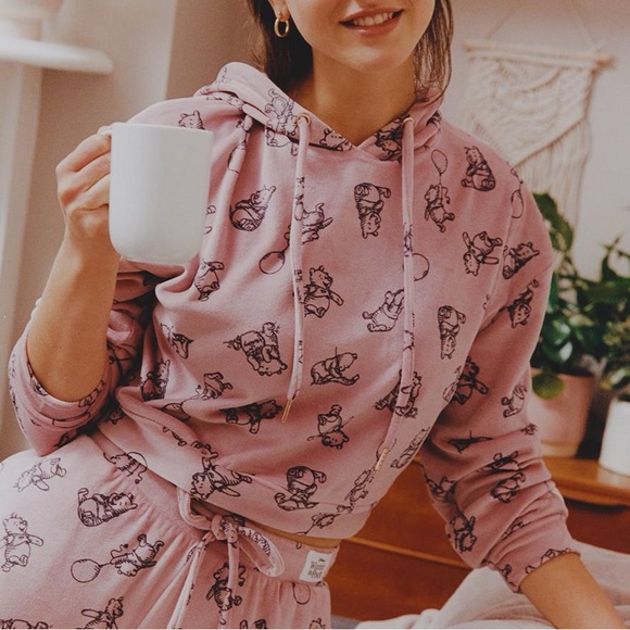 Primark Tops - 801 Disney Winnie the Pooh x Primark Cares Velour Pink Plush Fleece Crop Hoodie